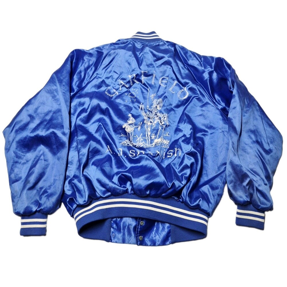 Vtg 80s Garfield High School East LA AP Spanish Satin Jacket Blue Made USA L
